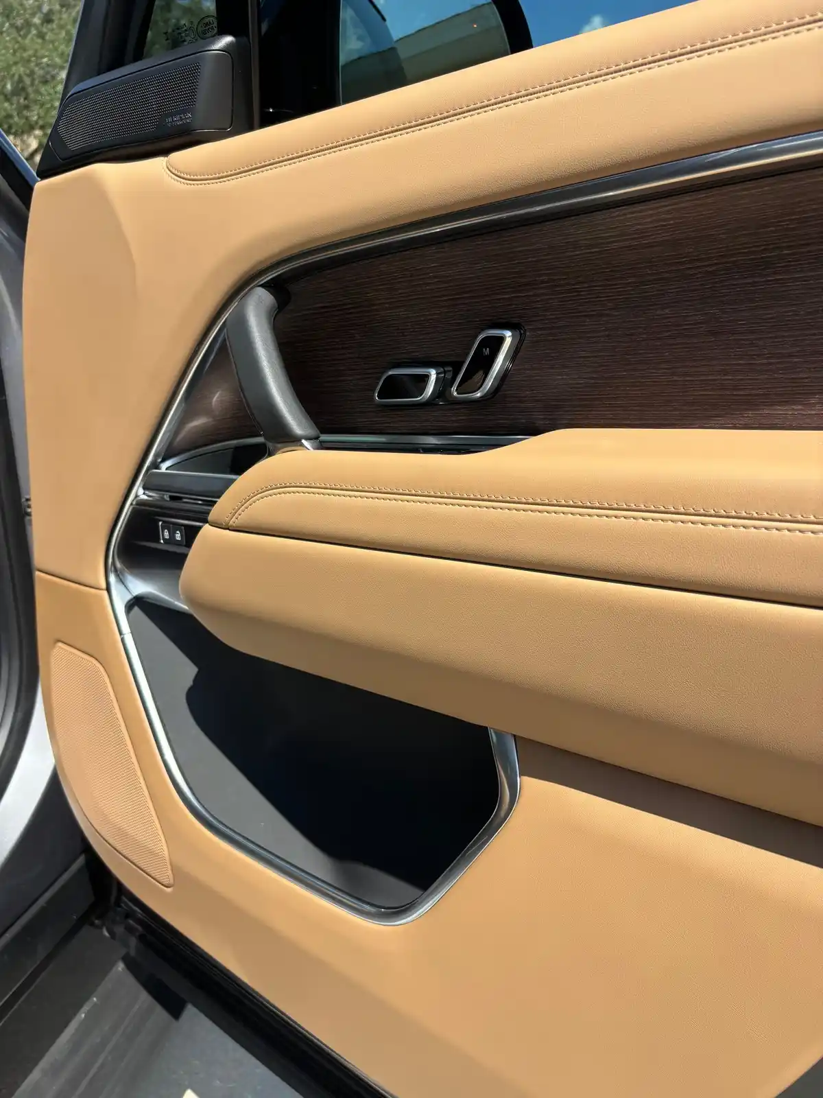 Range Rover door panel with caramel leather and wood trim after detailing